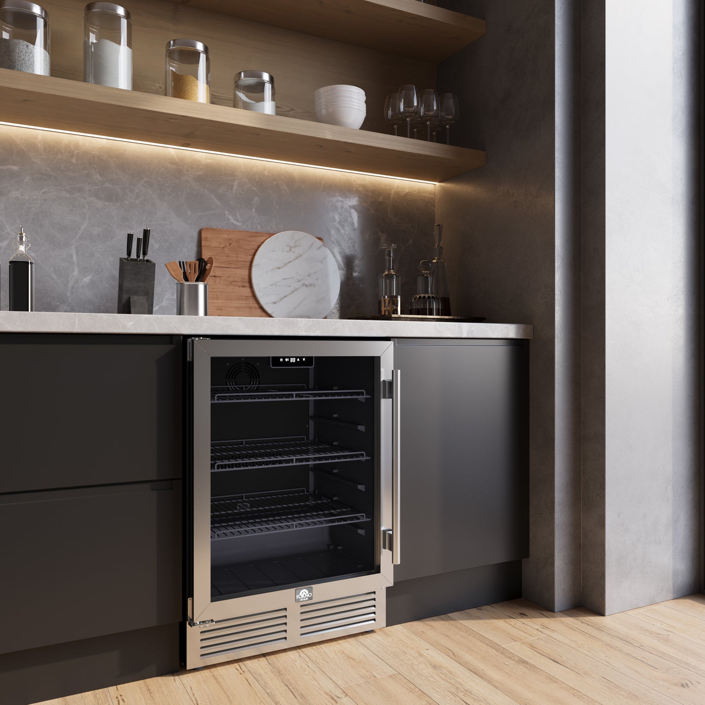 Forno Frescolino 24 Inch Beverage Cooler, Stainless Steel, with LED Lighting, Triple Glass Door, 188 Can Capacity, Built-In or Freestanding