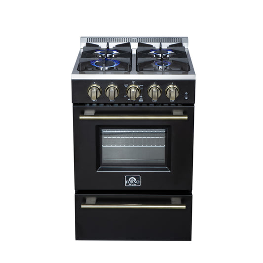 Forno Breno 24 Inch Freestanding Gas Range in Black with Antique Brass, Compact Design