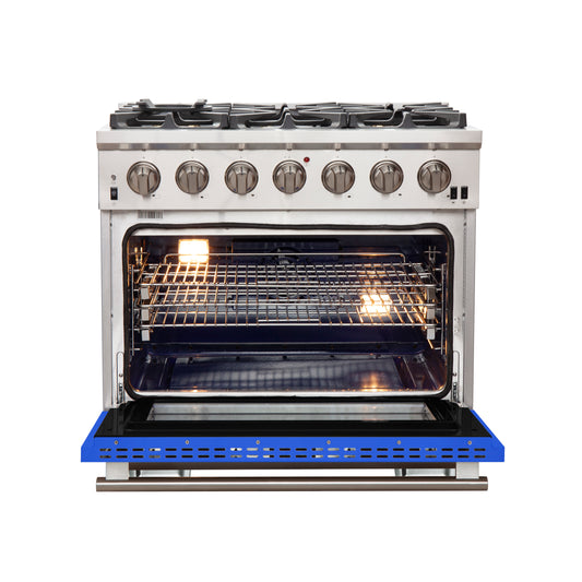 Forno Capriasca 36-Inch Gas Range, Stainless Steel, 6 Brass Burners, 120,000 BTU, Convection Oven, Energy Efficient, Blue Door