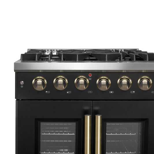 Forno Galiano 30-inch French Door Gas Range Black and Antique Brass Design, 5 Sealed Burners 68,000 BTU, 4.32 cu.ft. Convection Oven