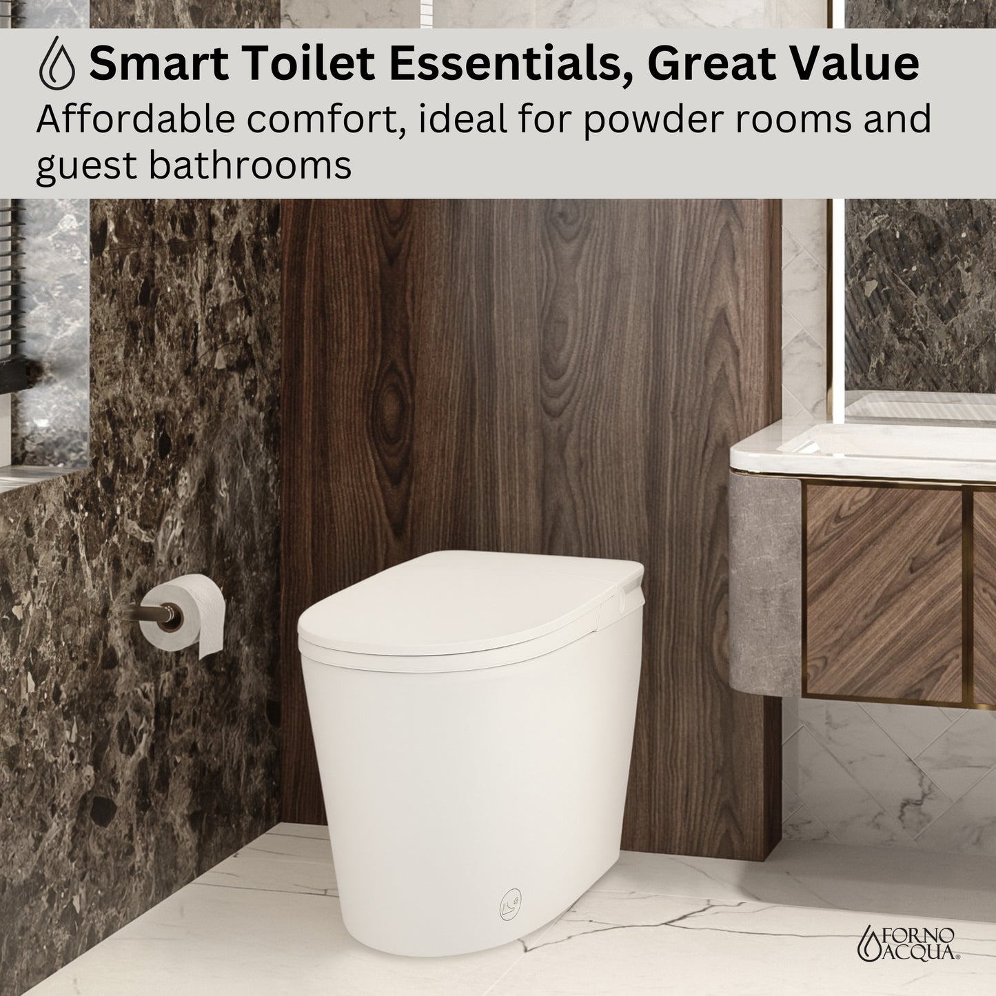 FORNO ACQUA Luxurious Smart Toilet. Includes Auto Flush, Powerful Flush, sleek tankless design Ideal for Powder Rooms.
