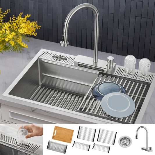 FORNO ACQUA 33 in. Drop-In/Undermount MultiSINK Workstation Sink with Waterfall Faucet & Glass Rinser