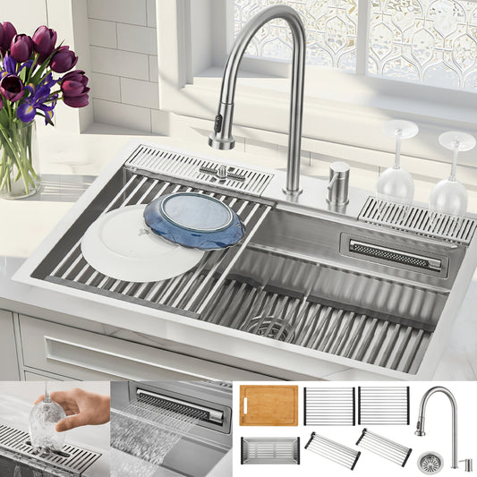 FORNO ACQUA 33 in. Drop-In/Undermount 3 Level Workstation Sink with Faucet, Waterfall & Glass Rinser