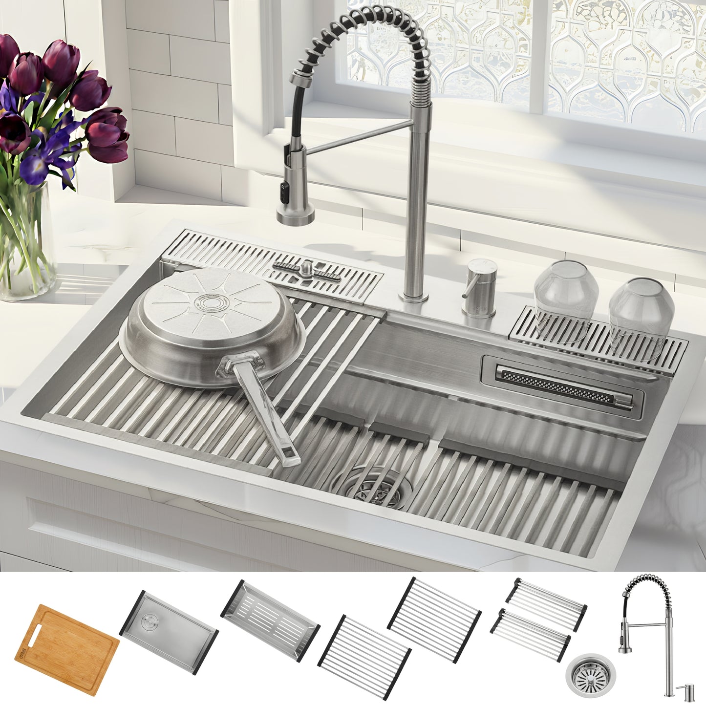 FORNO ACQUA 33 in. Drop-In/Undermount 3-Level Workstation Sink with Faucet, Waterfall & Glass Rinser