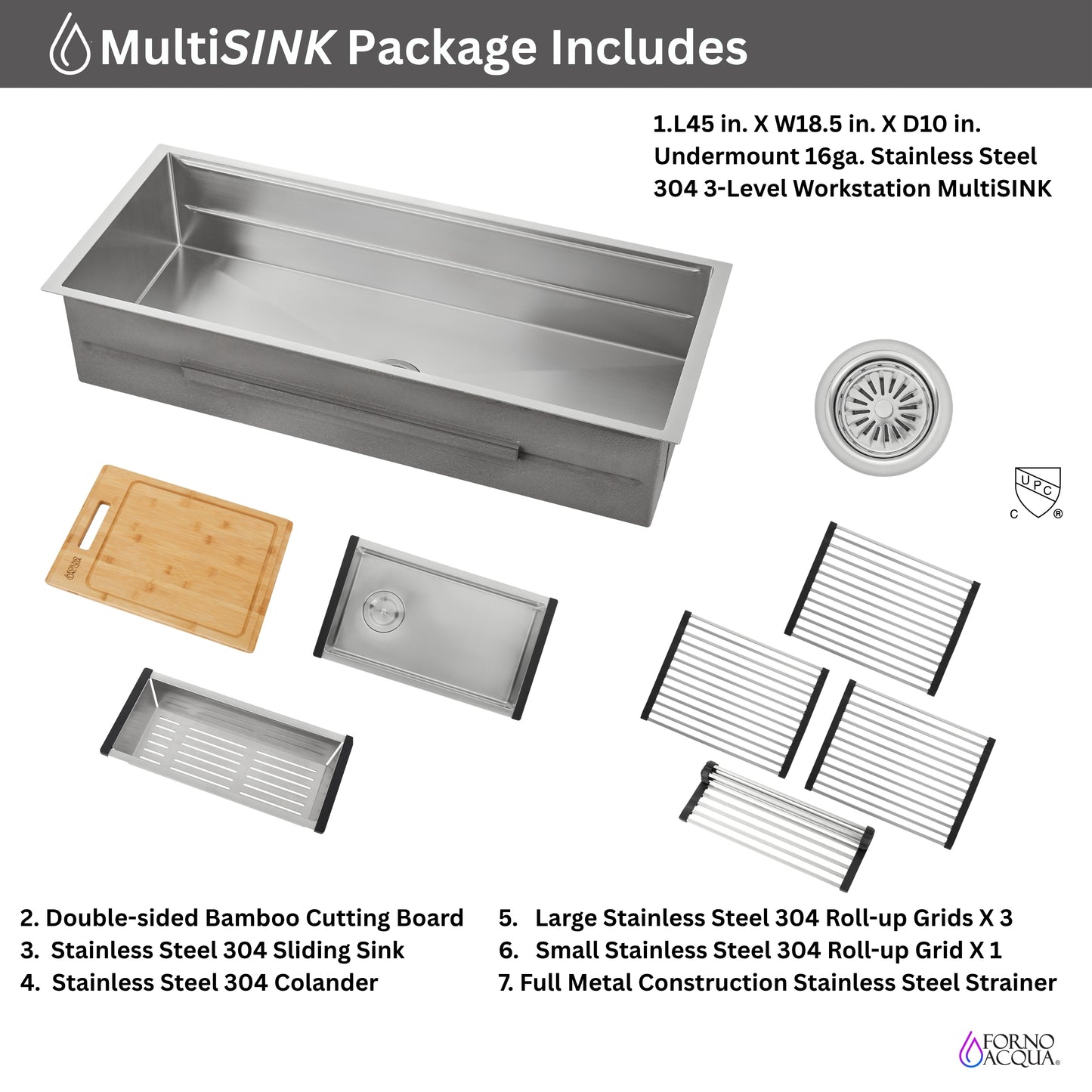 FORNO ACQUA 45 in. Undermount 3-Level Workstation MultiSINK with Custom-Fit Accessories