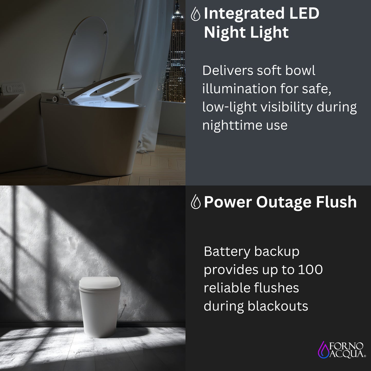 FORNO ACQUA Luxurious Smart Toilet. Includes Auto Flush, Powerful Flush, sleek tankless design Ideal for Powder Rooms.