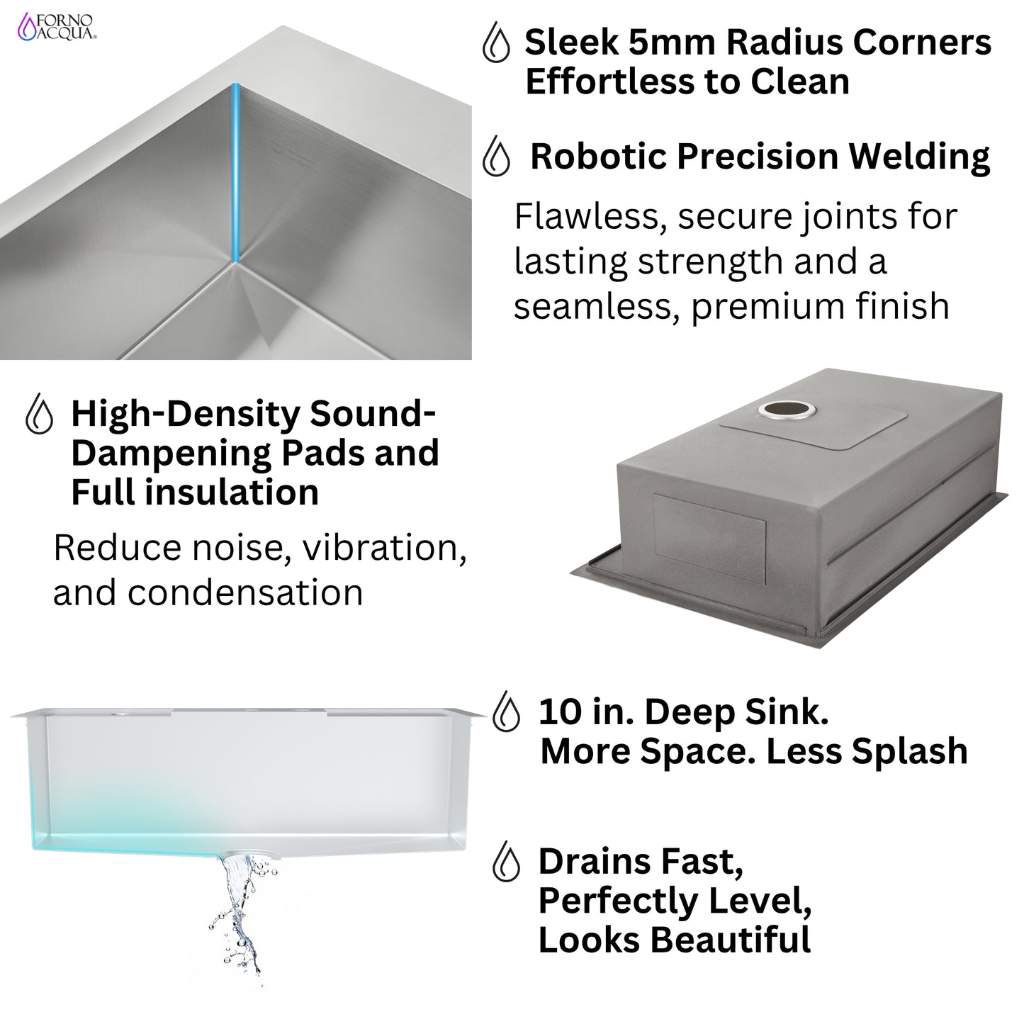 FORNO ACQUA 33 in. Drop-In/Undermount 3 Level Workstation Sink with Faucet, Waterfall & Glass Rinser