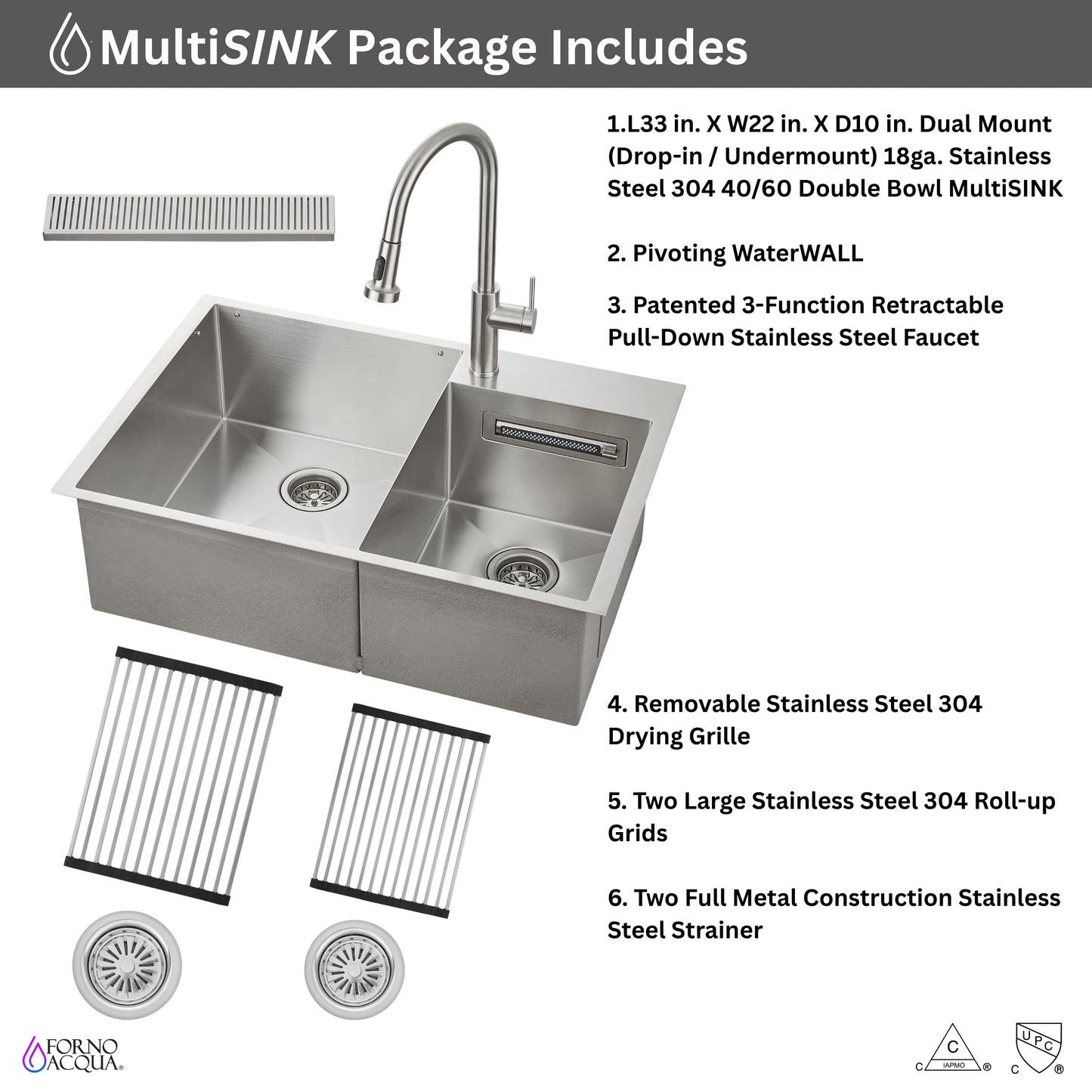 FORNO ACQUA 33 in. Drop-In/Undermount 40/60 Double Bowl Sink with Retractable Faucet & Waterfall