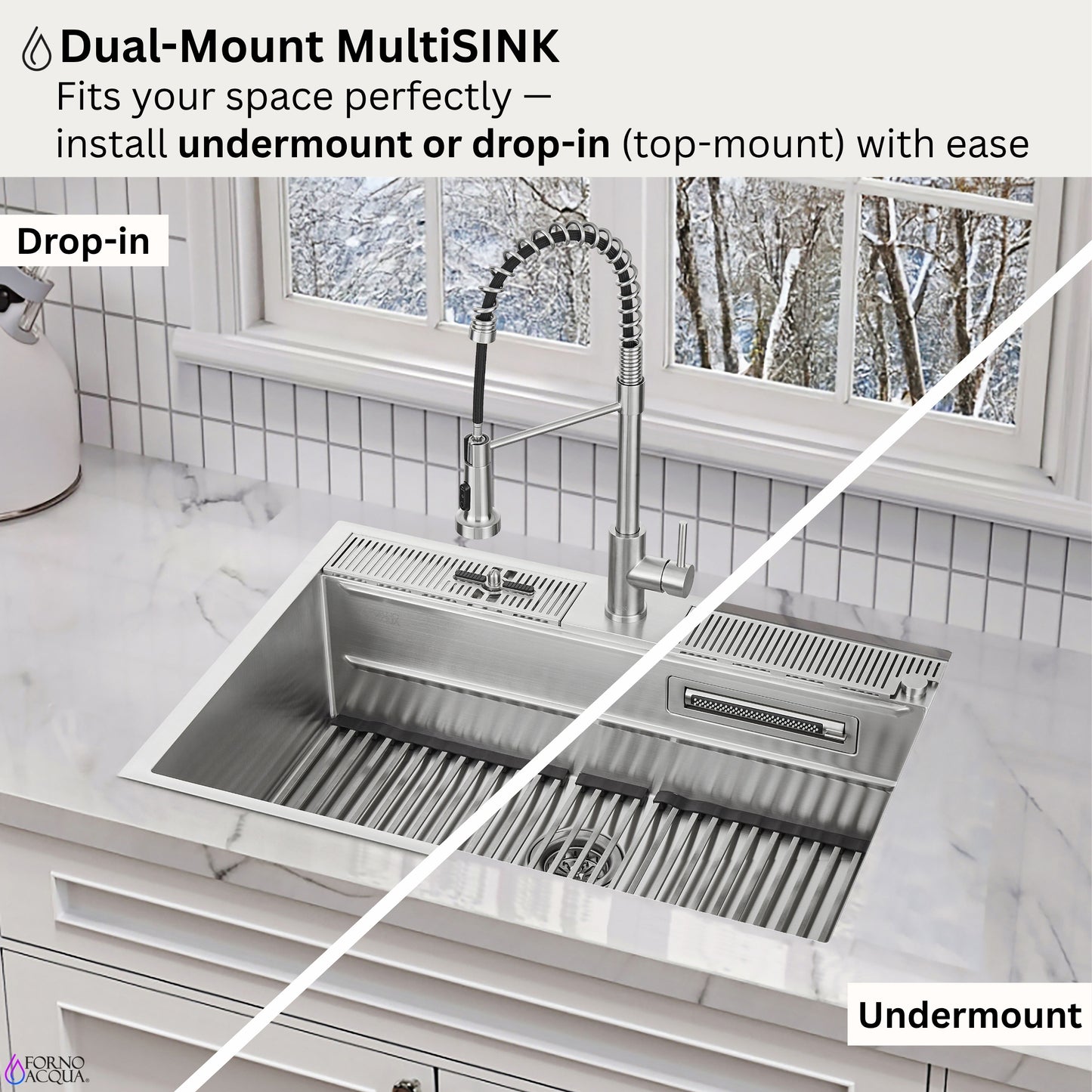 FORNO ACQUA MultiSINK kit with Integrated Waterfall Rinsing and Glass Washing Station.  Includes Chef Faucet and Accessories.