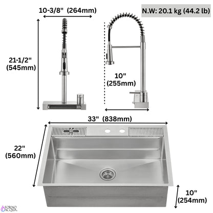 FORNO ACQUA 33 in. Drop-In/Undermount 3-Level MultiSINK Workstation Sink with Waterfall Faucet & Glass Rinser