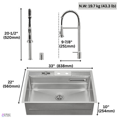 FORNO ACQUA 33 in. Drop-In/Undermount 3-Level Workstation Sink with Faucet, Waterfall & Glass Rinser