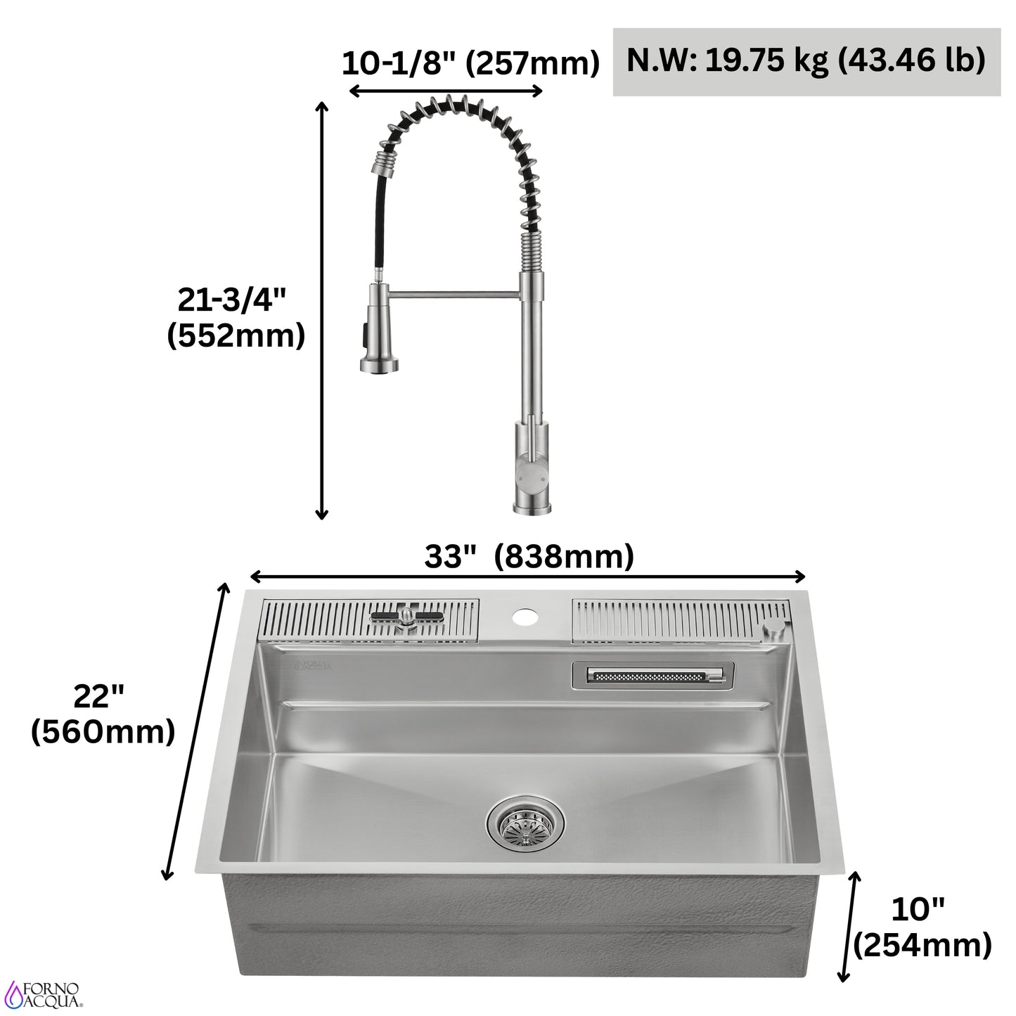 FORNO ACQUA MultiSINK kit with Integrated Waterfall Rinsing and Glass Washing Station.  Includes Chef Faucet and Accessories.
