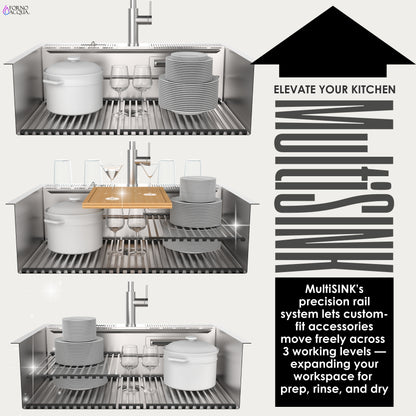 FORNO ACQUA 33 in. Drop-In/Undermount 3 Level Workstation Sink with Faucet, Waterfall & Glass Rinser