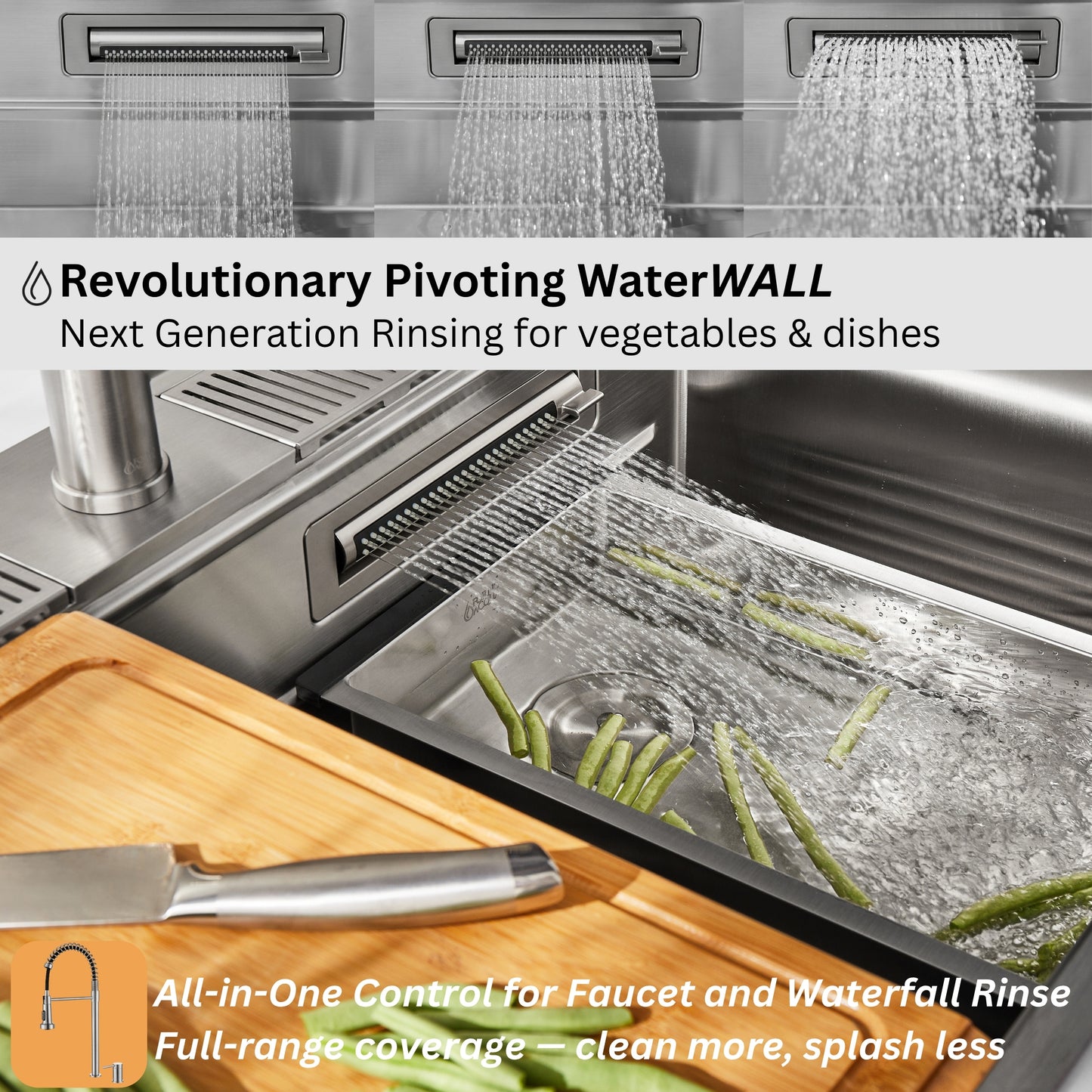 FORNO ACQUA 33 in. Drop-In/Undermount 3-Level Workstation Sink with Faucet, Waterfall & Glass Rinser