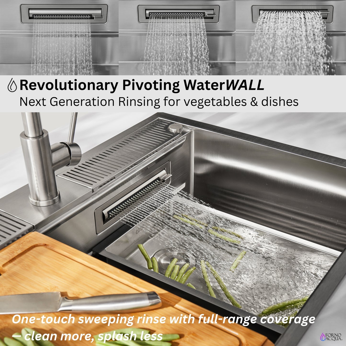 FORNO ACQUA 33 in. Drop-In/Undermount 3-Level Workstation Sink with Faucet, Waterfall & Glass Rinser