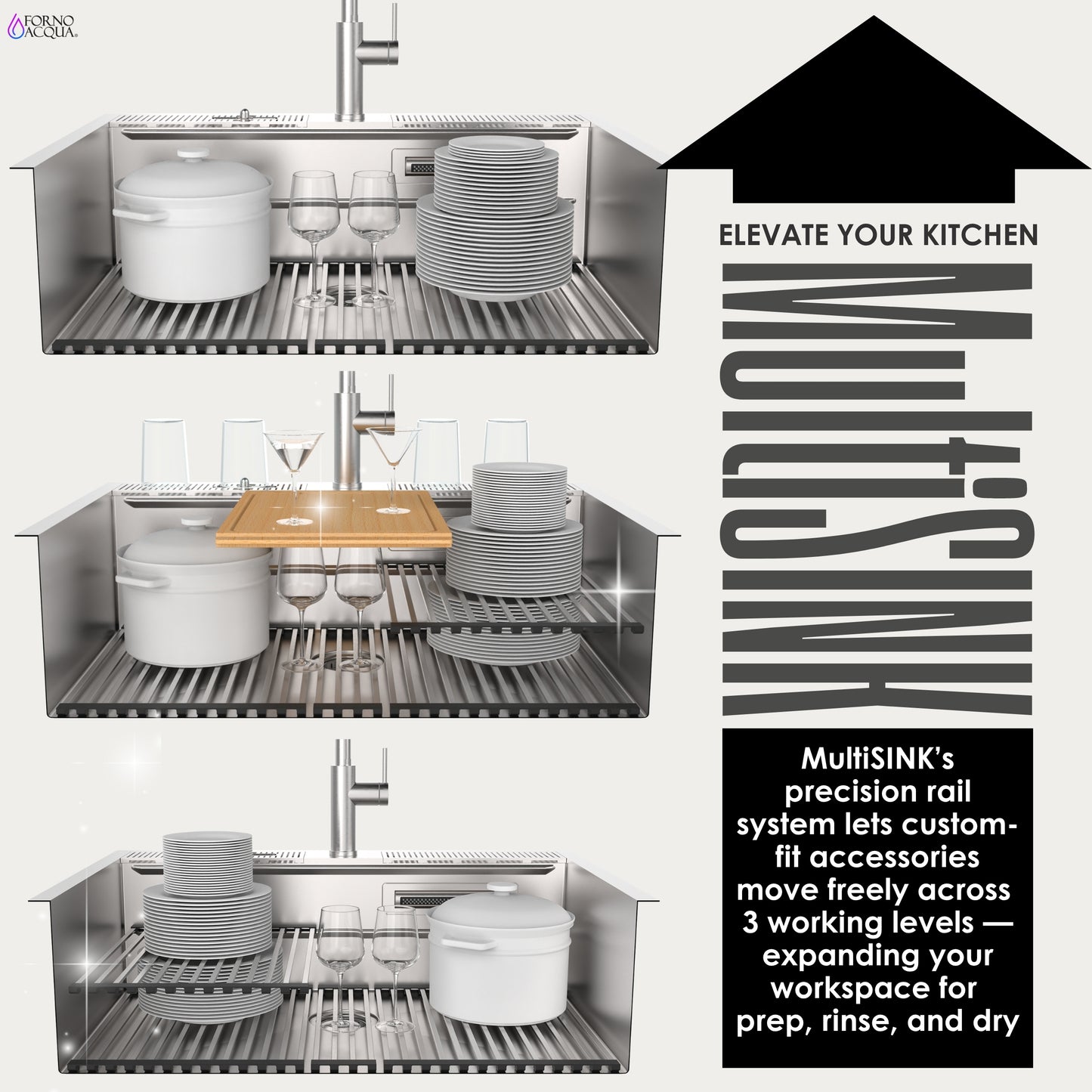FORNO ACQUA 33 in. Drop-In/Undermount 3-Level Workstation Sink with Faucet, Waterfall & Glass Rinser