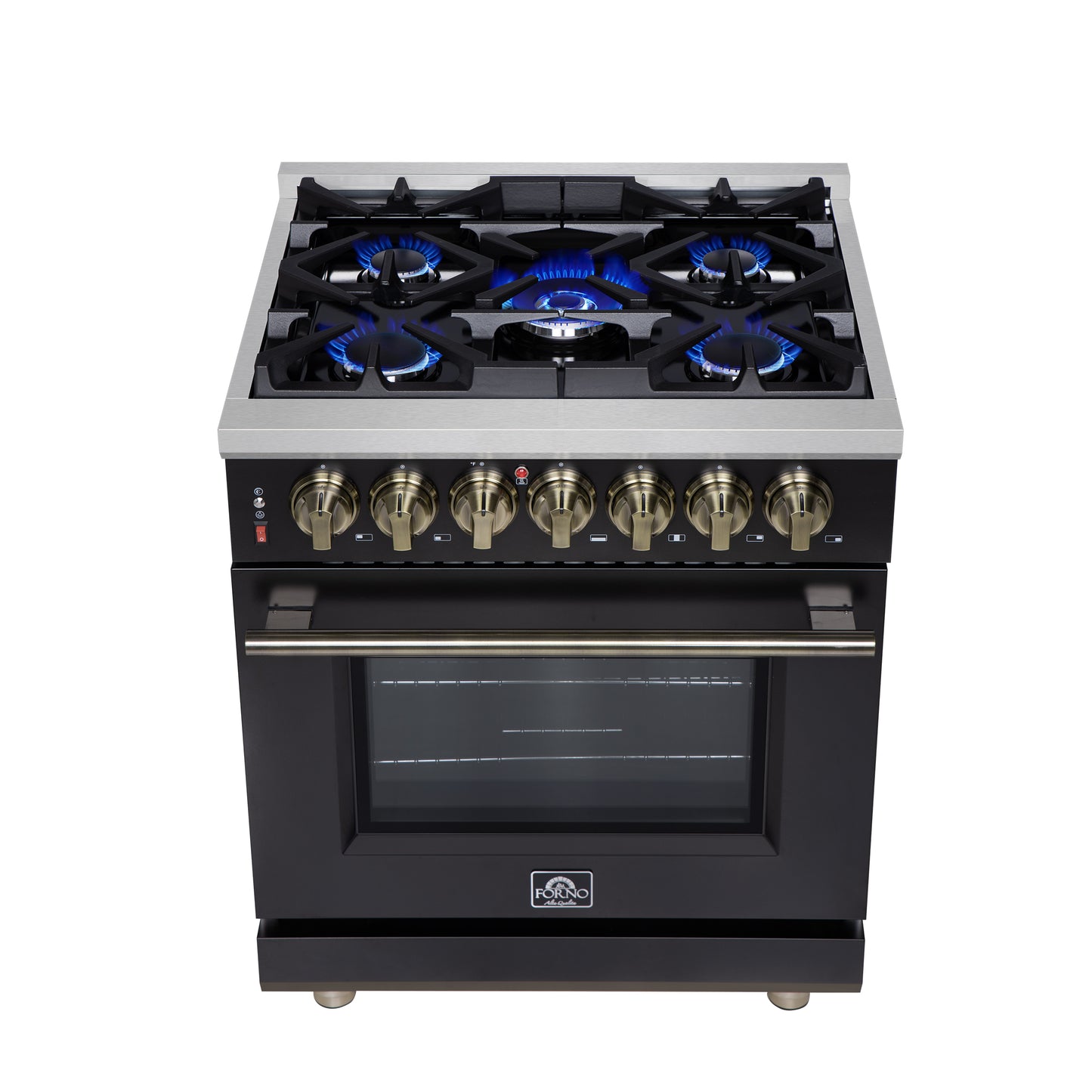 Forno Massimo 30 Inch Freestanding Dual Fuel Range in Black with Antique Brass Accessories, 4 Burners, 4.32 cu. ft. Convection Oven