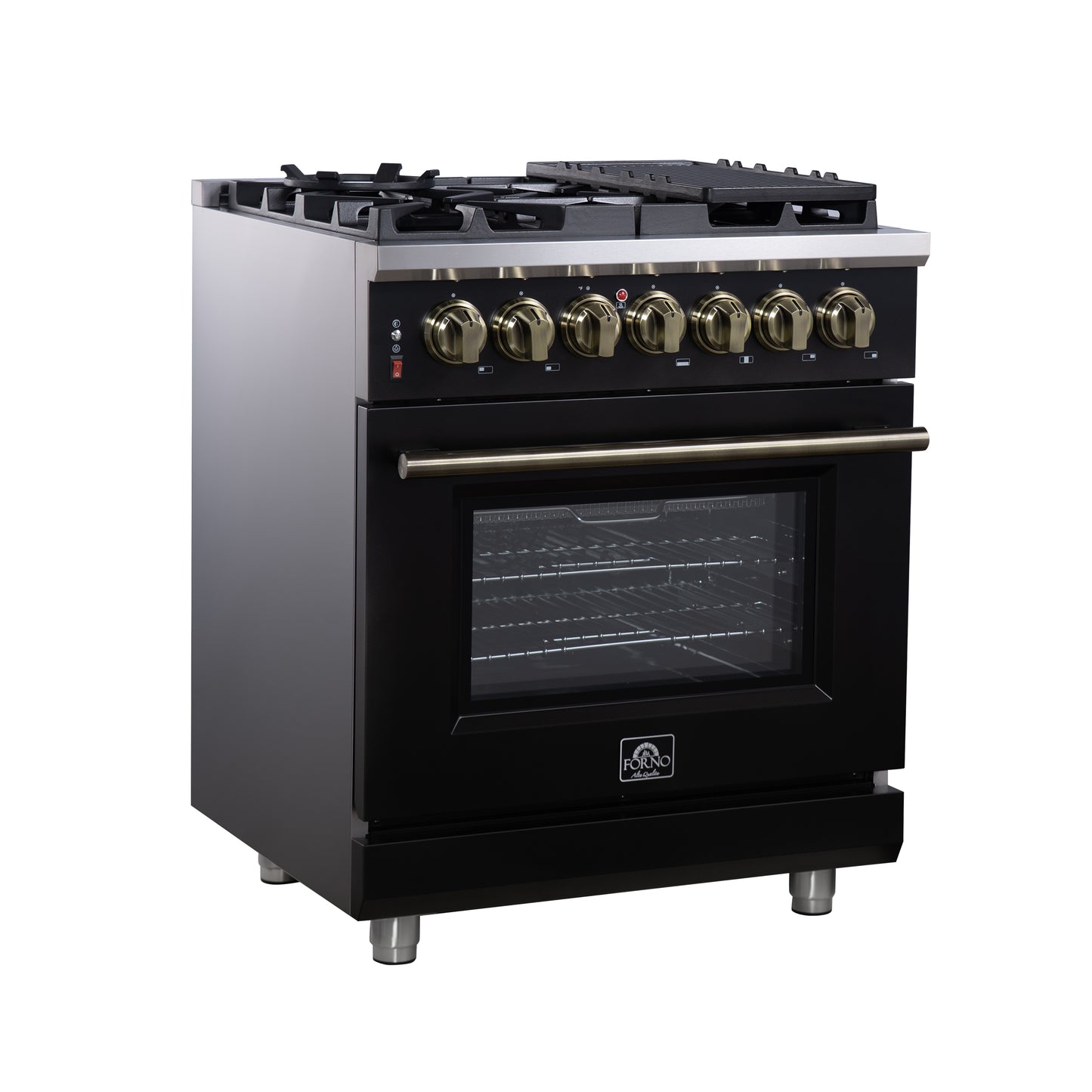 Forno Massimo 30 Inch Freestanding Dual Fuel Range in Black with Antique Brass Accessories, 4 Burners, 4.32 cu. ft. Convection Oven
