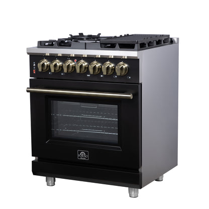 Forno Massimo 30 Inch Freestanding Dual Fuel Range in Black with Antique Brass Accessories, 4 Burners, 4.32 cu. ft. Convection Oven