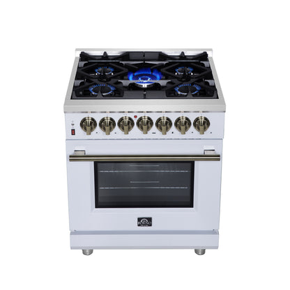 Forno Massimo 30 Inch Freestanding Dual Fuel Range in White with Antique Brass Accessories, 4 Burners, 4.32 cu. ft. Convection Oven