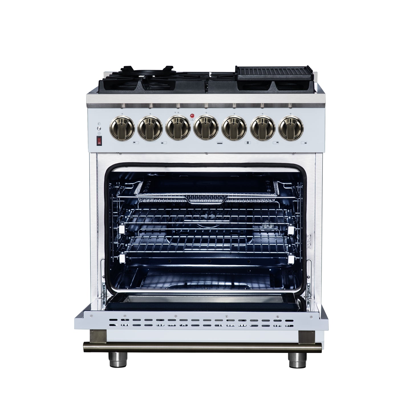 Forno Massimo 30 Inch Freestanding Dual Fuel Range in White with Antique Brass Accessories, 4 Burners, 4.32 cu. ft. Convection Oven