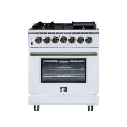 Forno Massimo 30 Inch Freestanding Dual Fuel Range in White with Antique Brass Accessories, 4 Burners, 4.32 cu. ft. Convection Oven