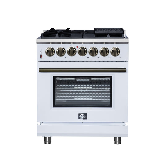 Forno Massimo 30 Inch Freestanding Dual Fuel Range in White with Antique Brass Accessories, 4 Burners, 4.32 cu. ft. Convection Oven