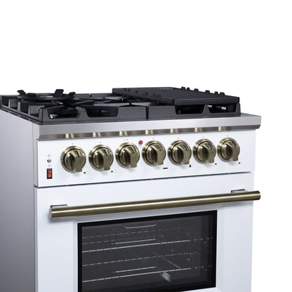 Forno Massimo 30 Inch Freestanding Dual Fuel Range in White with Antique Brass Accessories, 4 Burners, 4.32 cu. ft. Convection Oven