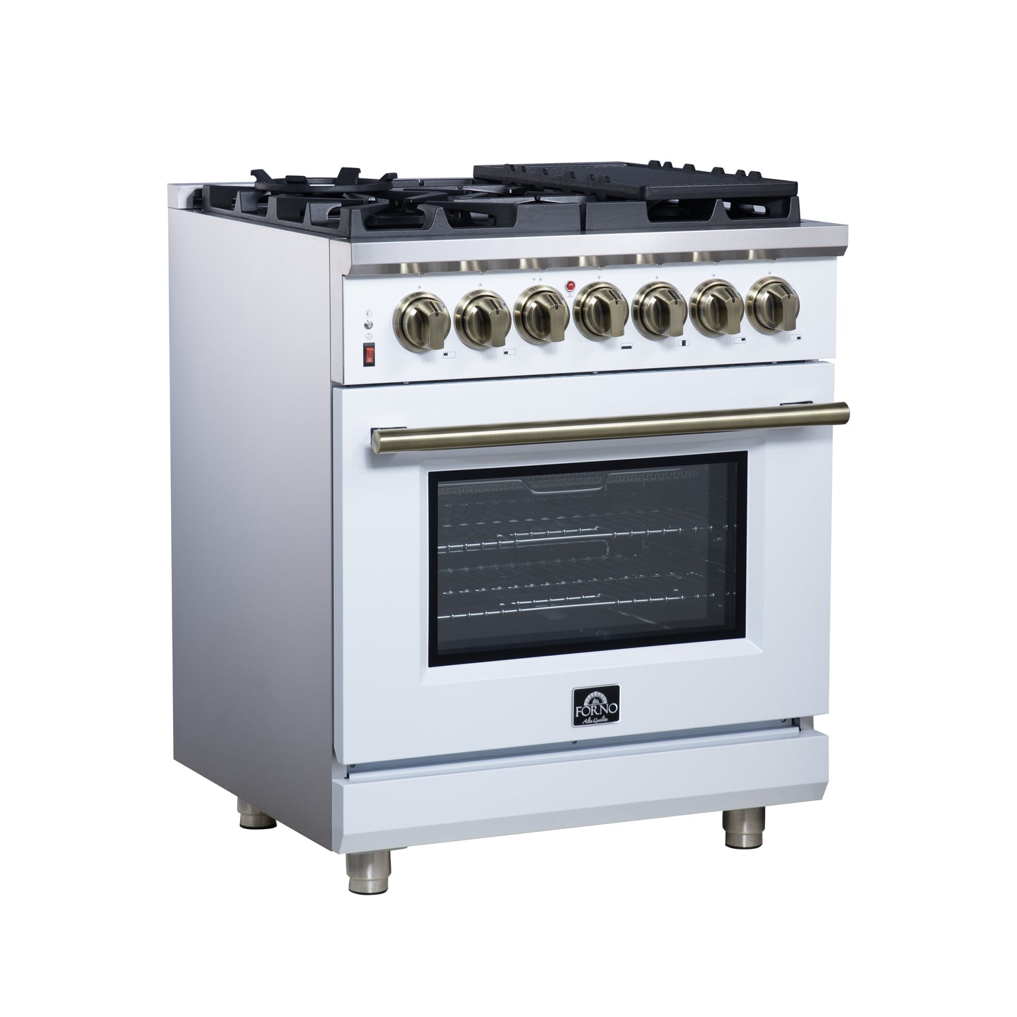 Forno Massimo 30 Inch Freestanding Dual Fuel Range in White with Antique Brass Accessories, 4 Burners, 4.32 cu. ft. Convection Oven