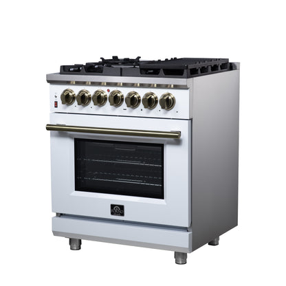 Forno Massimo 30 Inch Freestanding Dual Fuel Range in White with Antique Brass Accessories, 4 Burners, 4.32 cu. ft. Convection Oven