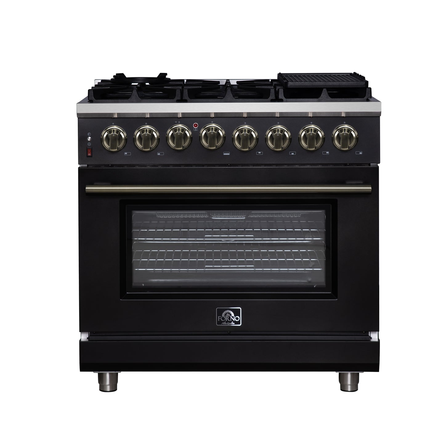 Forno Massimo 36 Inch Freestanding Dual Fuel Range in Black with Antique Brass Accessories, 6 Burners, 5.36 cu. ft. Convection Oven