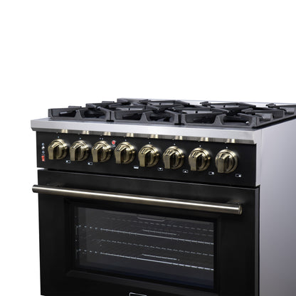 Forno Massimo 36 Inch Freestanding Dual Fuel Range in Black with Antique Brass Accessories, 6 Burners, 5.36 cu. ft. Convection Oven