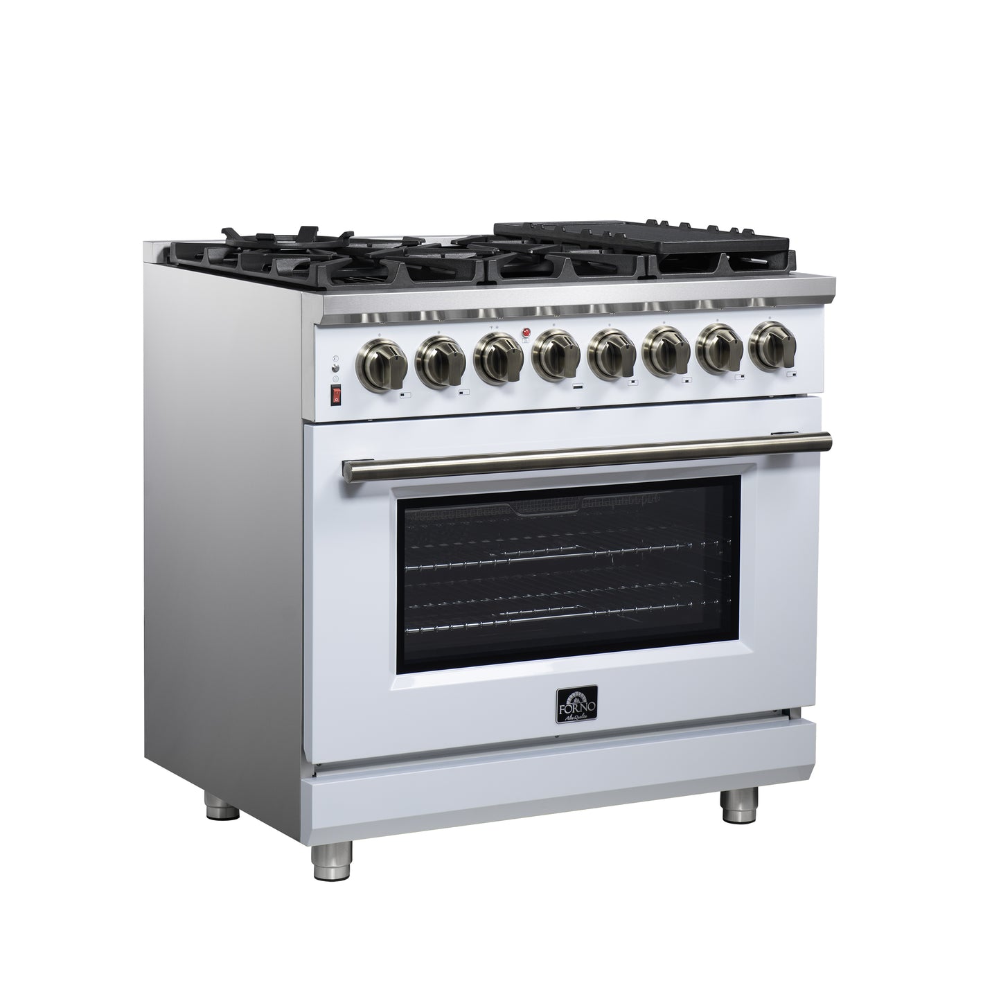 Forno Massimo 36 Inch Freestanding Dual Fuel Range in White with Antique Brass Accessories, 6 Burners, 5.36 cu. ft. Convection Oven