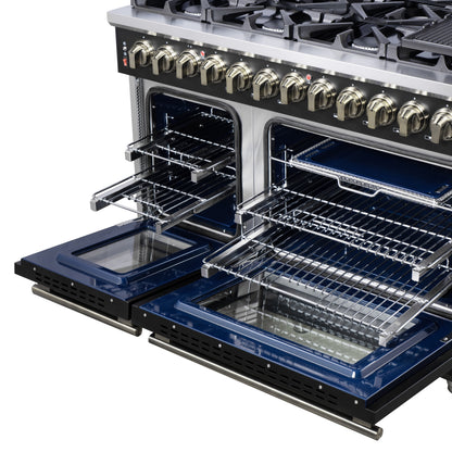 Forno Massimo 48 Inch Freestanding Dual Fuel Range in Black with Antique Brass Accessories, 8 Burners, 6.58 cu. ft. Convection Oven