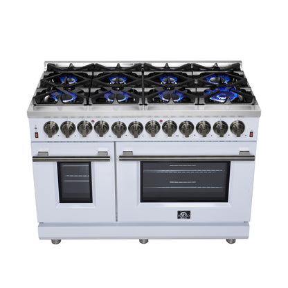 Forno Massimo 48 Inch Freestanding Dual Fuel Range in White with Antique Brass Accessories, 8 Burners, 6.58 cu. ft. Convection Oven