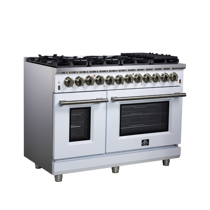 Forno Massimo 48 Inch Freestanding Dual Fuel Range in White with Antique Brass Accessories, 8 Burners, 6.58 cu. ft. Convection Oven