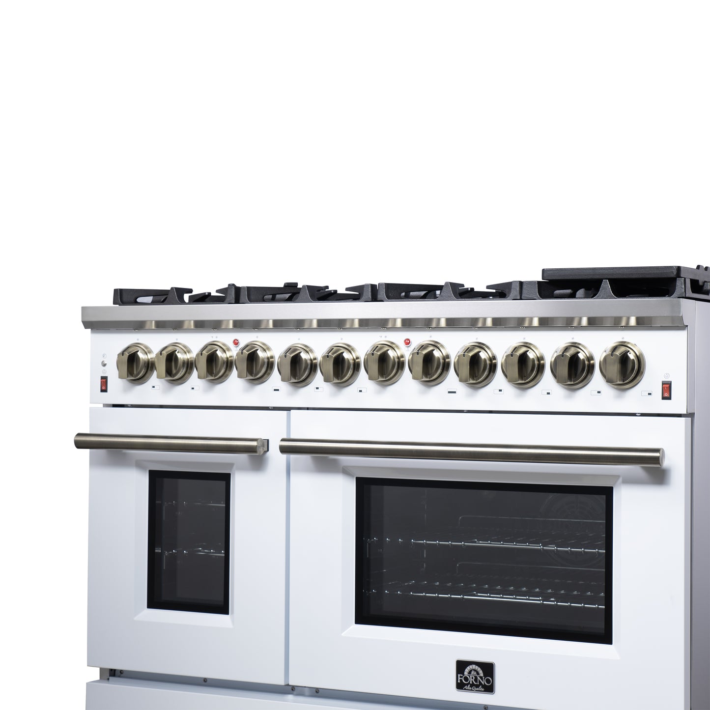Forno Massimo 48 Inch Freestanding Dual Fuel Range in White with Antique Brass Accessories, 8 Burners, 6.58 cu. ft. Convection Oven
