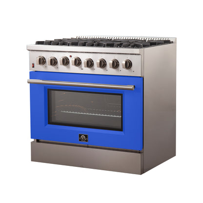 Forno Galiano 36-Inch Freestanding Dual Fuel Range, 6 Burners, Double Convection Ovens, Blue Door