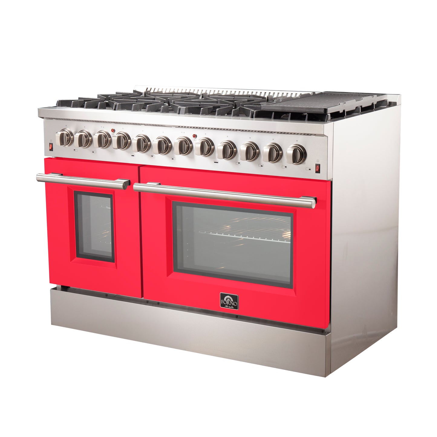 Forno Galiano 48-Inch Freestanding Dual Fuel Range, 8 Burners, Double Convection Ovens, Red Doors
