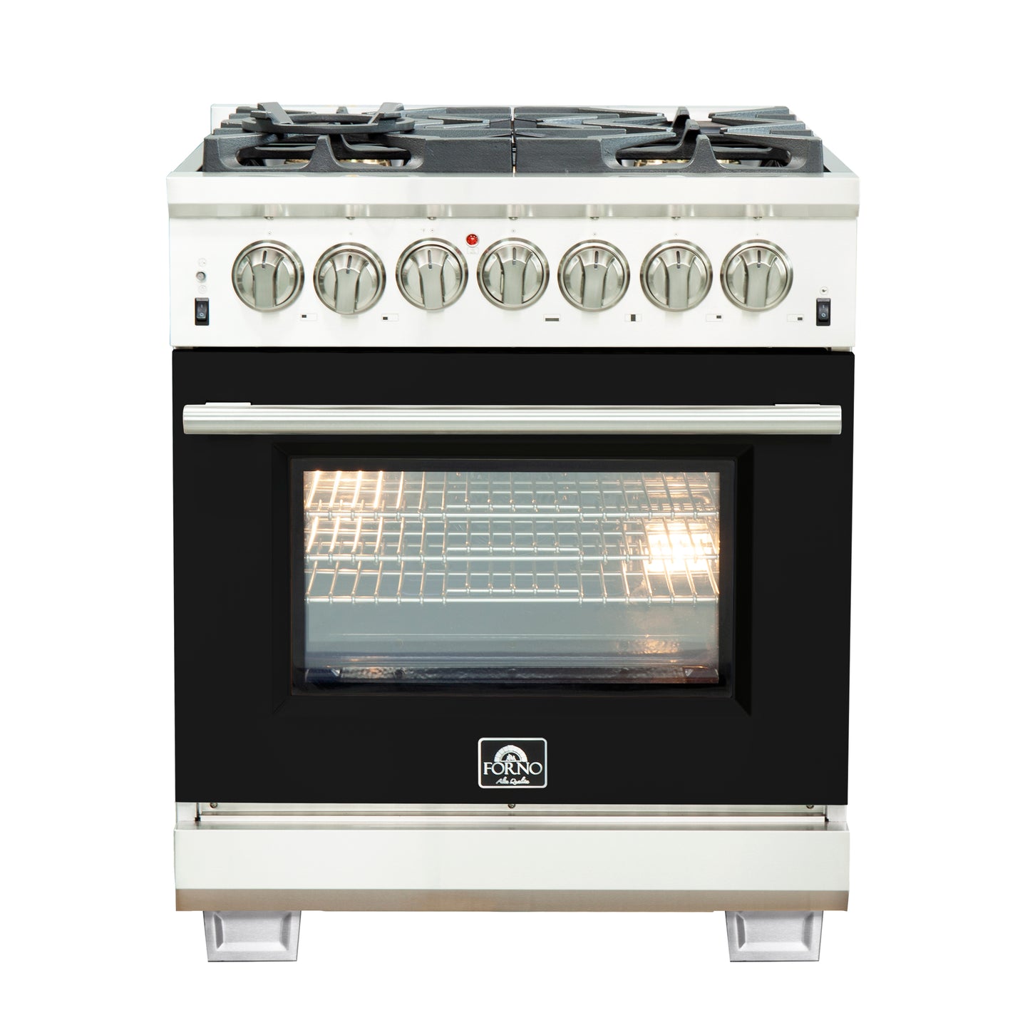 Forno Capriasca 30-Inch Freestanding Dual Fuel Range, 4 Burners, True Convection Oven, Black Door