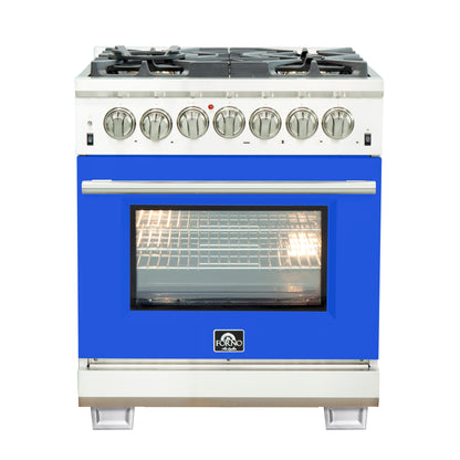 Forno Capriasca 30-Inch Freestanding Dual Fuel Range, 4 Burners, True Convection Oven, Blue Door
