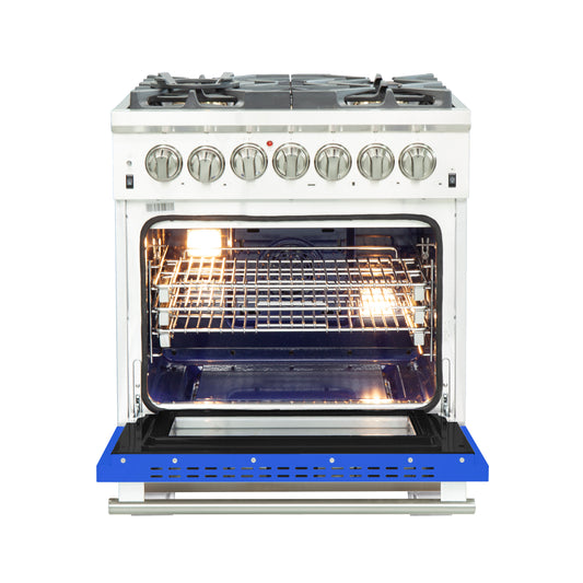 Forno Capriasca 30-Inch Freestanding Dual Fuel Range, 4 Burners, True Convection Oven, Blue Door