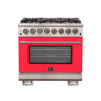 Forno Capriasca 36-Inch Freestanding Dual Fuel Range, 6 Burners, True Convection Oven, Red Door