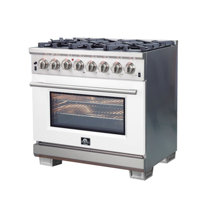 Forno Capriasca 36-Inch Freestanding Dual Fuel Range, 6 Burners, True Convection Oven, White Door
