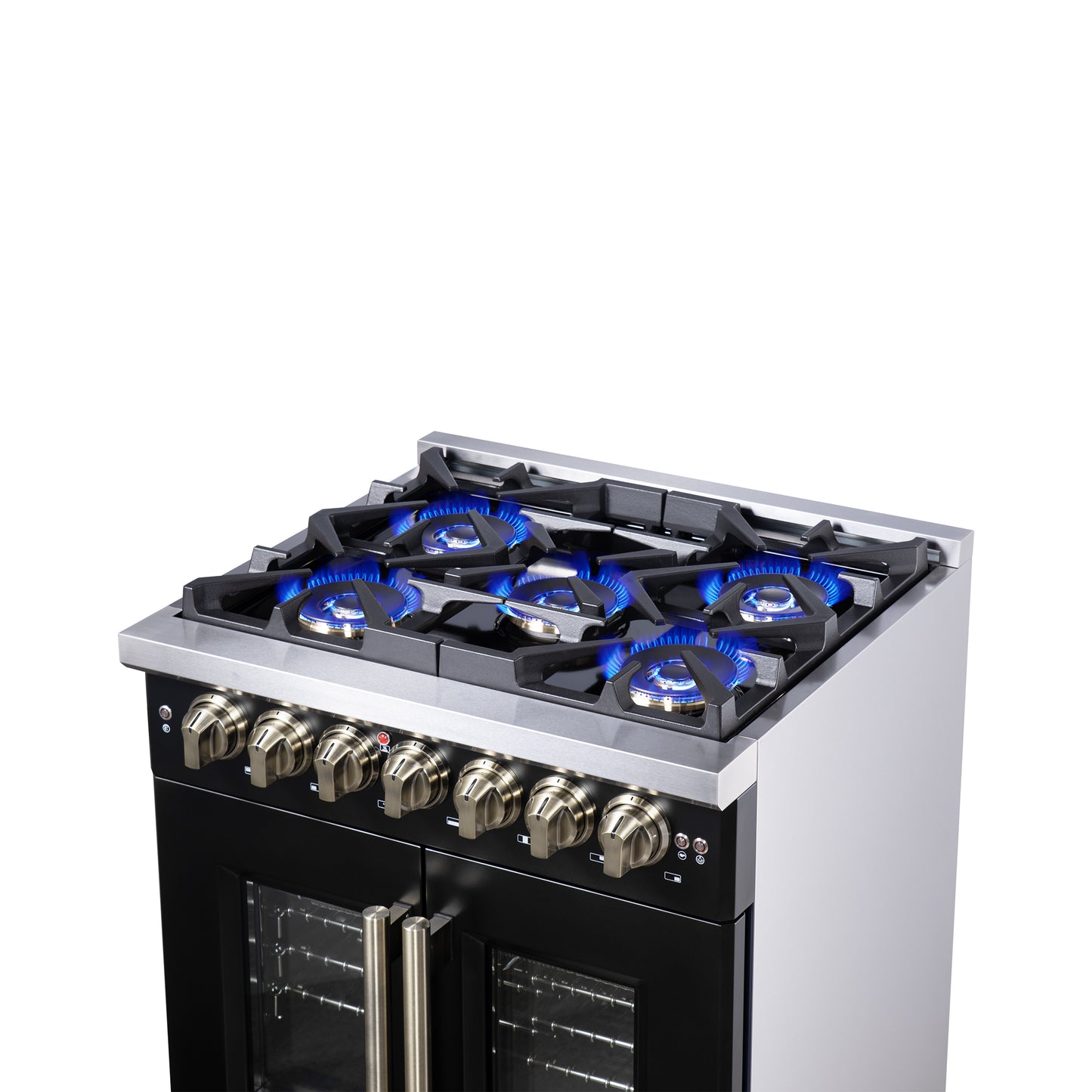 Forno Capriasca 30 Inch Freestanding French Door Dual Fuel Range in Black with Antique Brass Accessories, 5 Burners, True Convection Oven