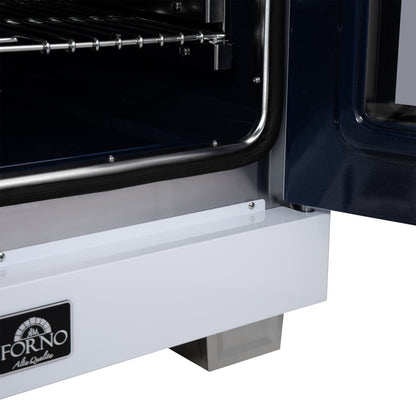 Forno Capriasca 30 Inch Freestanding French Door Dual Fuel Range in White with Antique Brass Accessories, 5 Burners, True Convection Oven