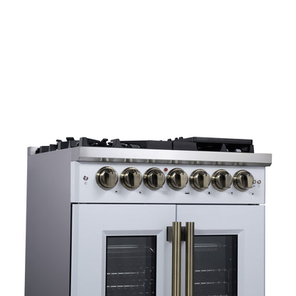 Forno Capriasca 30 Inch Freestanding French Door Dual Fuel Range in White with Antique Brass Accessories, 5 Burners, True Convection Oven