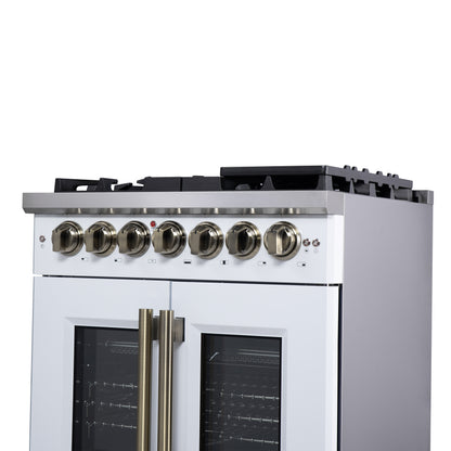 Forno Capriasca 30 Inch Freestanding French Door Dual Fuel Range in White with Antique Brass Accessories, 5 Burners, True Convection Oven