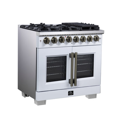Forno Capriasca 36 Inch Freestanding French Door Dual Fuel Range in White with Antique Brass Accessories, 6 Burners, True Convection Oven