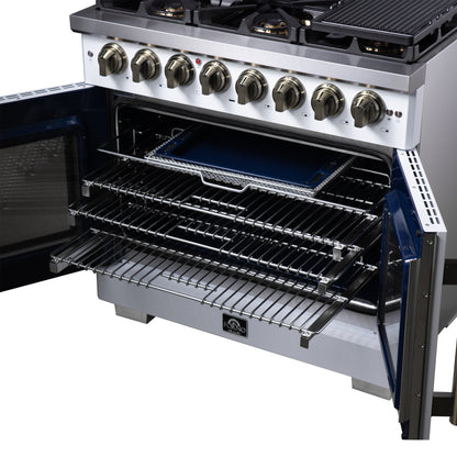 Forno Capriasca 36 Inch Freestanding French Door Dual Fuel Range in White with Antique Brass Accessories, 6 Burners, True Convection Oven